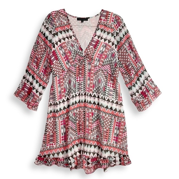 Sanctuary Southwest Boho Dress Sz S V Neck Ruffle Pink Coastal Cowgirl - Picture 1 of 11